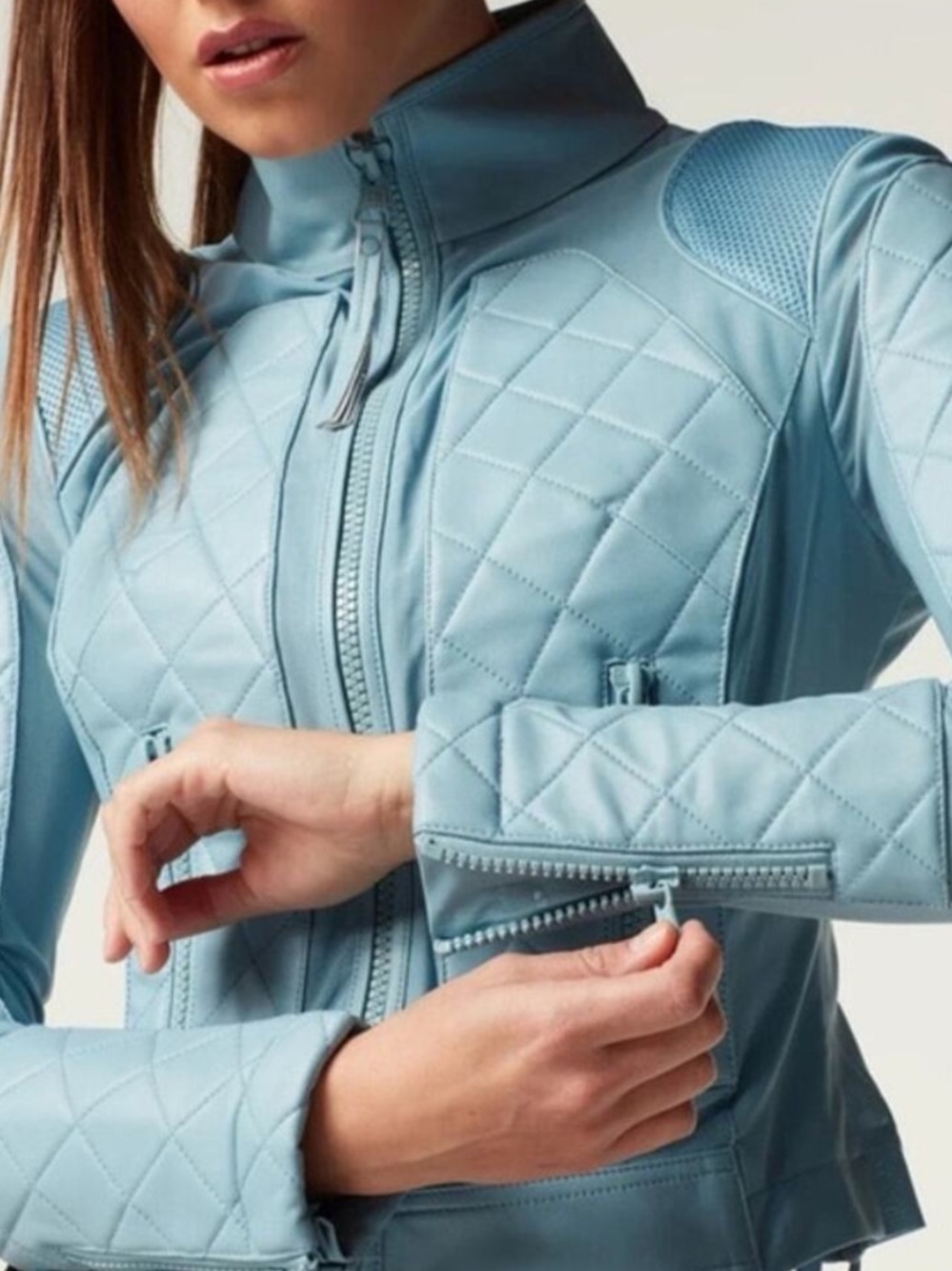 Blanc Noir Leather Quilted Moto Jacket Size Medium Light Blue Fog Mesh Biker - Picture 3 of 14